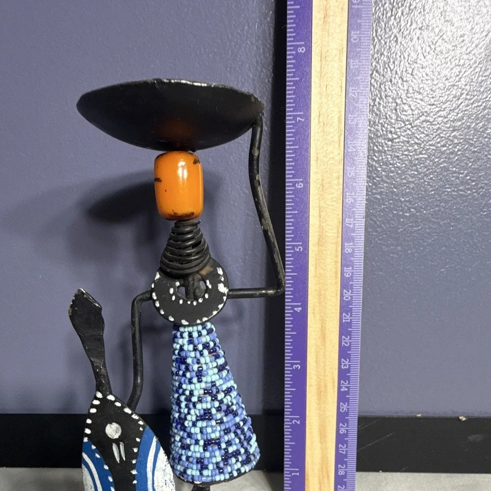 African Style Figure Candle Holder, Hand-Painted Geometric Metal, 10 in